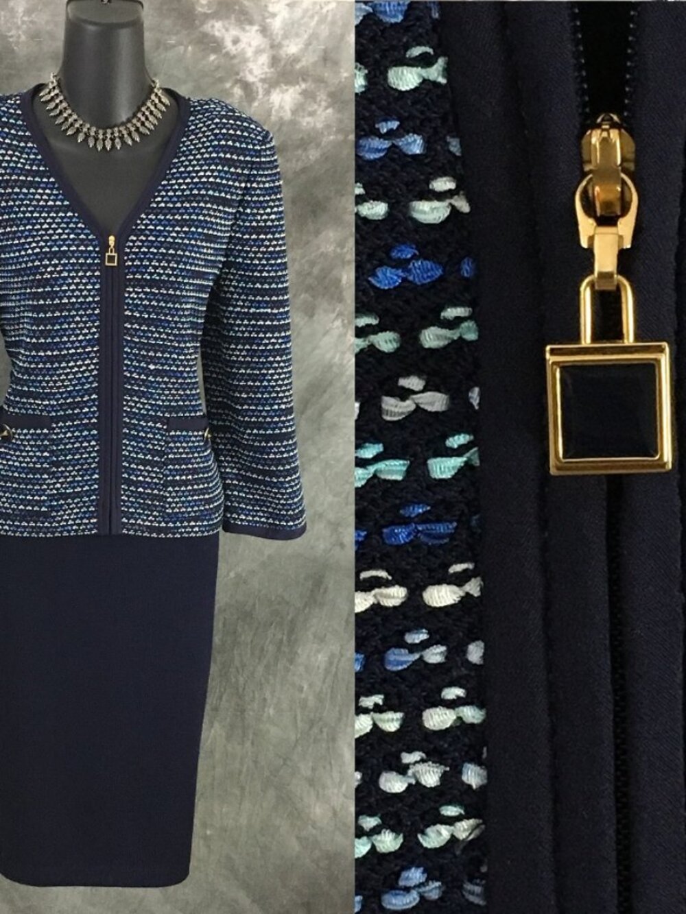 BEAUTIFUL St John collection knit blue multi jacket skirt suit size 8 10